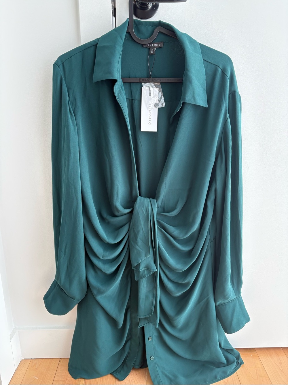 Dynamite Teal Tie-Front Draped Button-Down Blouse